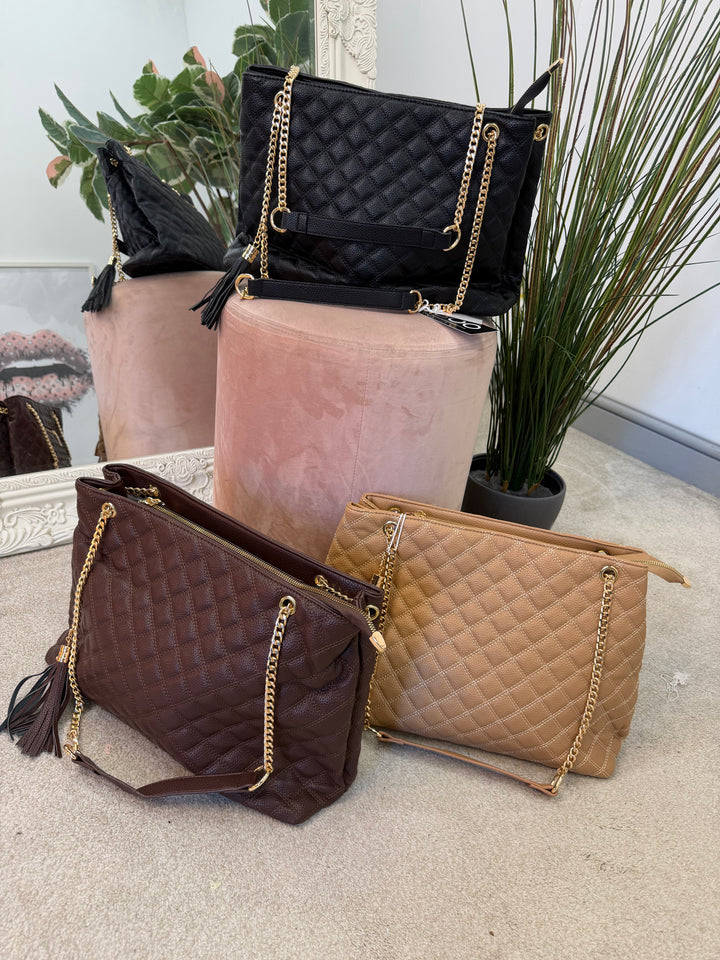 Ladies Fashion Inspired Quilted Chain Strap Tote Bag - black, beige & brown
