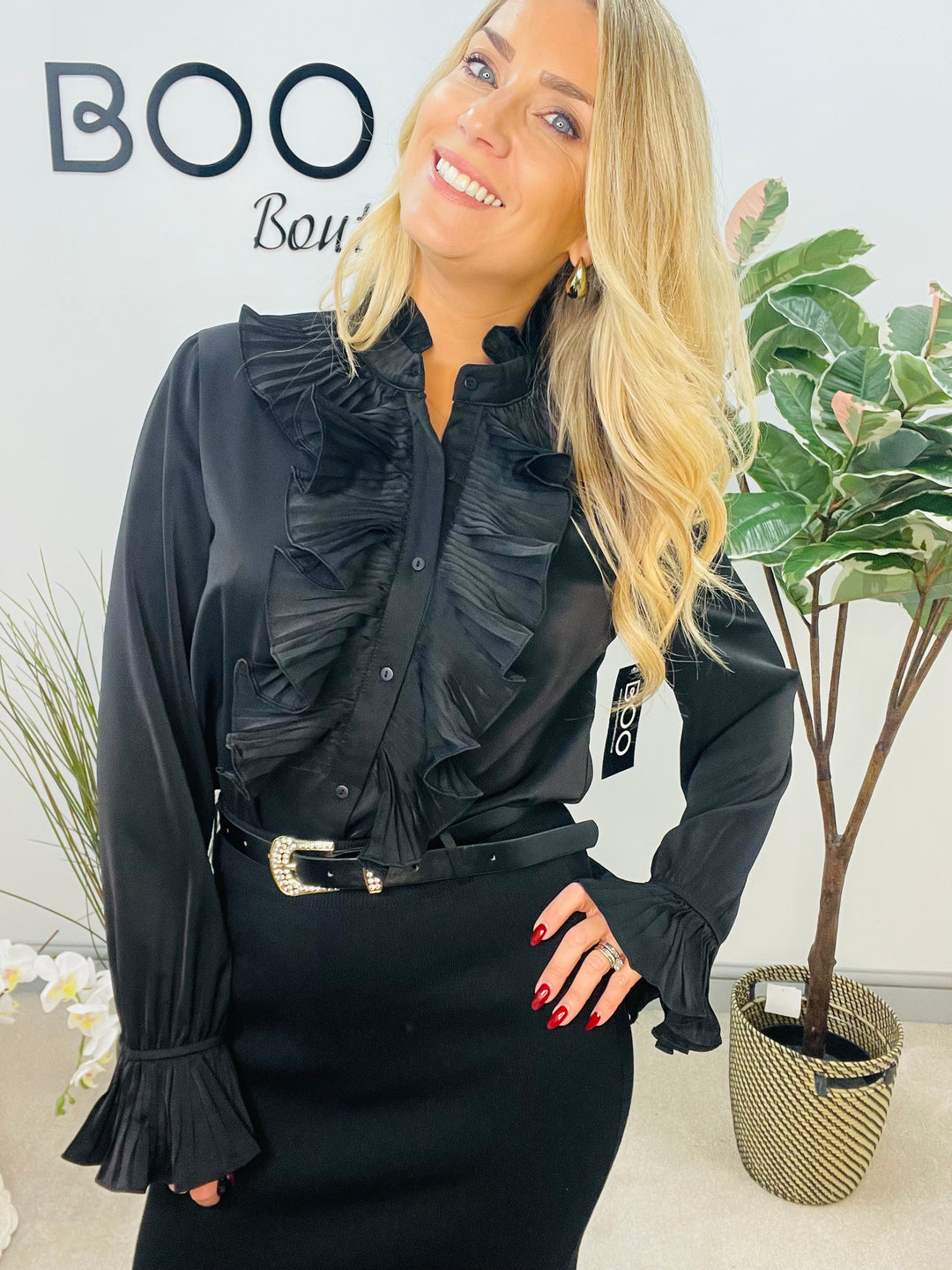 LADIES FRILL FRONT BLOUSE SHIRT - BLACK & BROWN