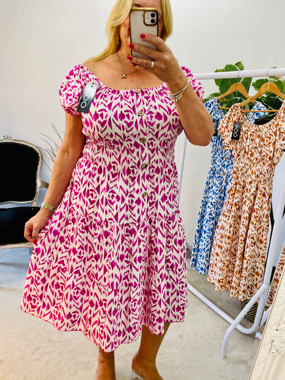 LADIES SUMMER MIDI DAY DRESS - PINK, BLUE, BROWN