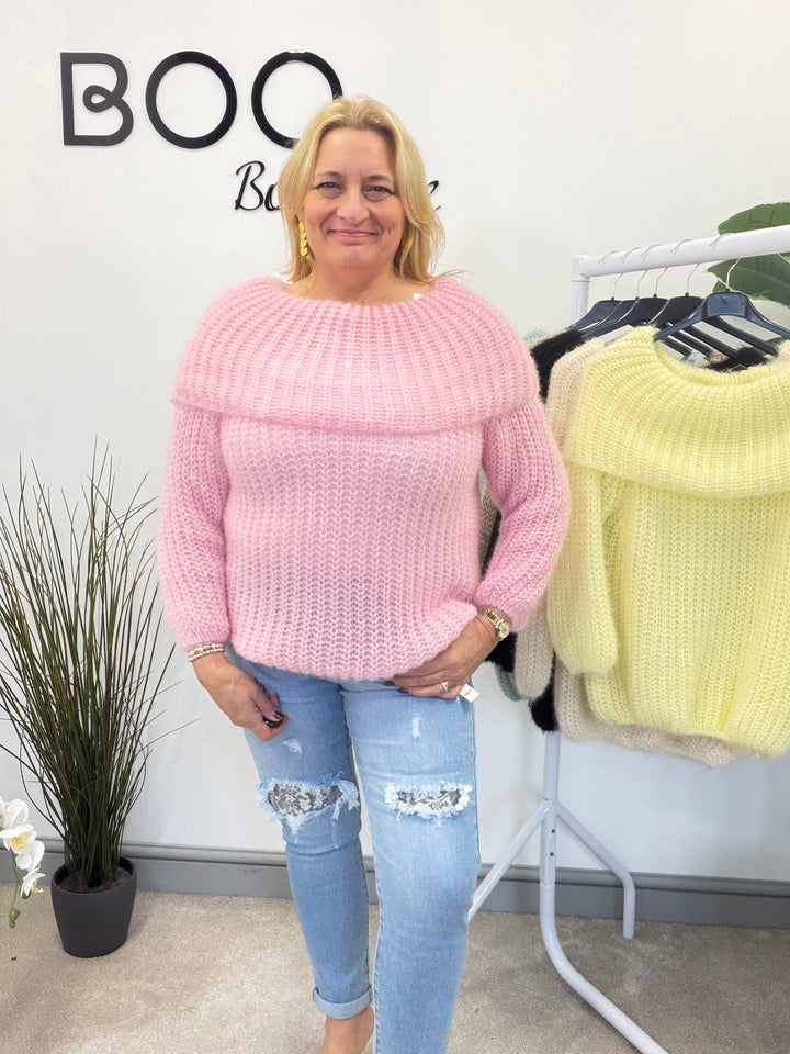 LADIES FLUFFY KNIT BARDOT JUMPER - MINT, BLACK, CREAM, PINK, LEMON & MOCHA