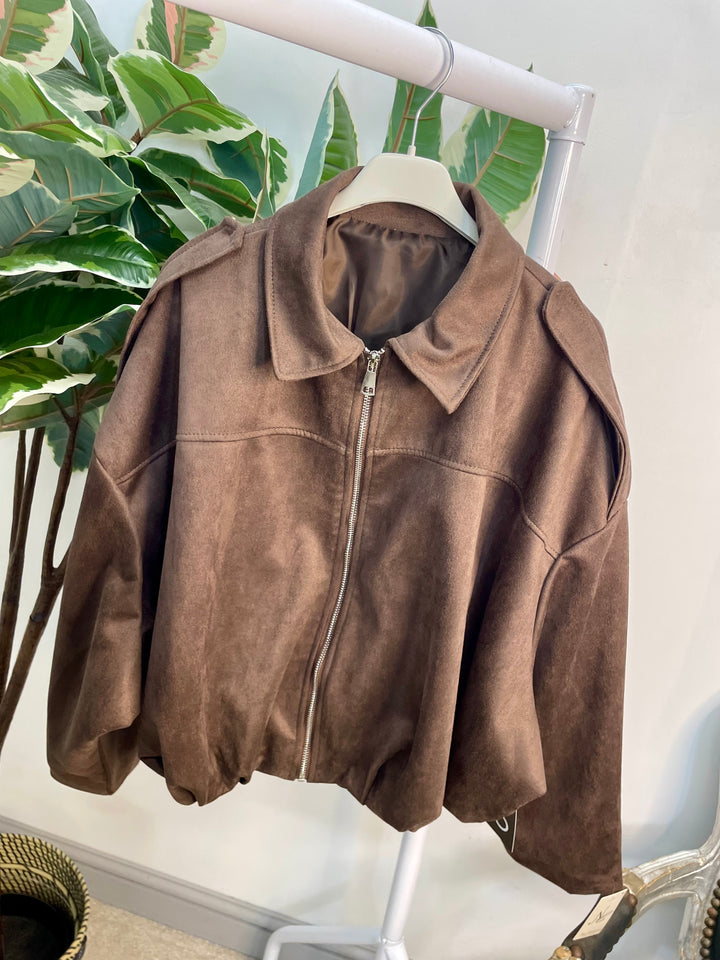 LADIES FASHION FAUX SUEDE BOMBER JACKET - BLACK, BEIGE, BROWN & BURGUNDY WINE