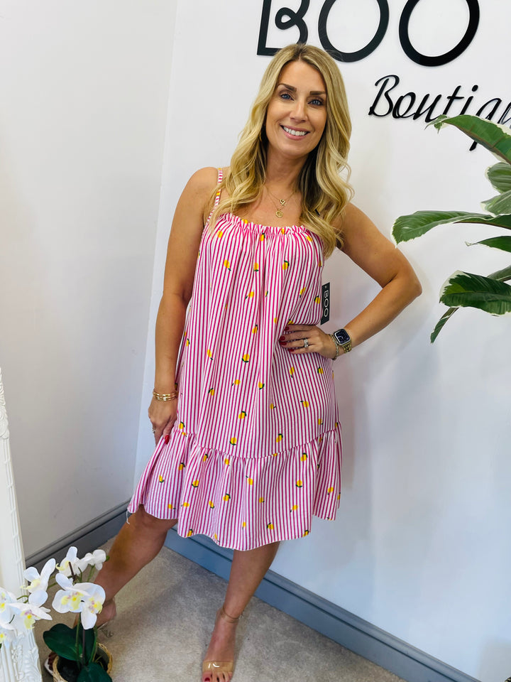 LADIES STRIPE LEMON PRINT SUMMER SUN DRESS - BLACK, BEIGE, PINK