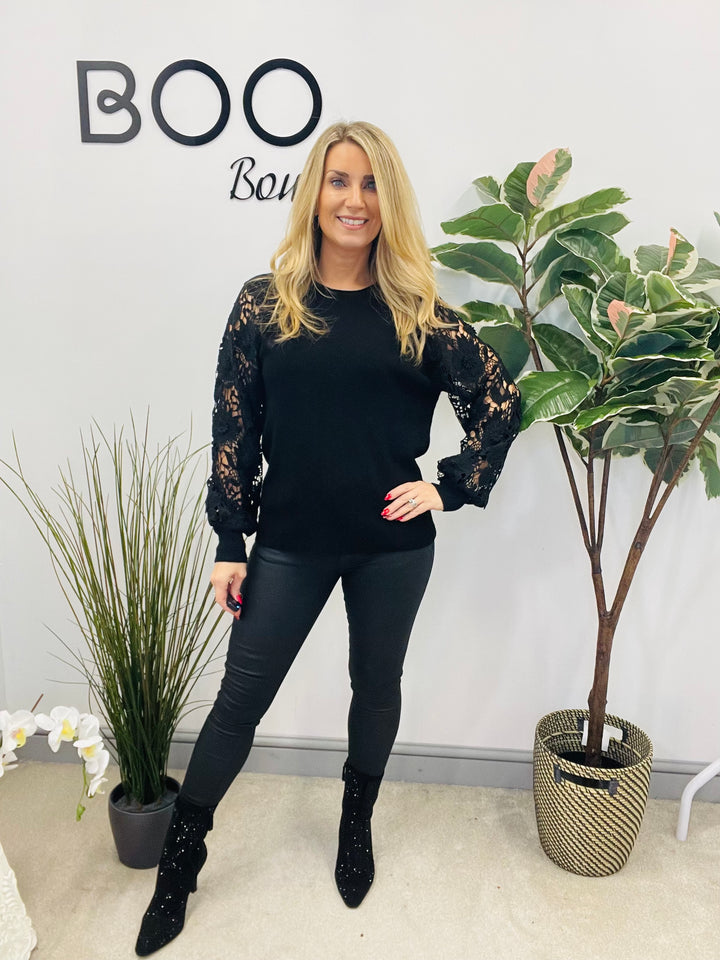 LADIES LACE SLEEVE JUMPER - BLACK, PINK, RED, BERRY,  BROWN & BEIGE