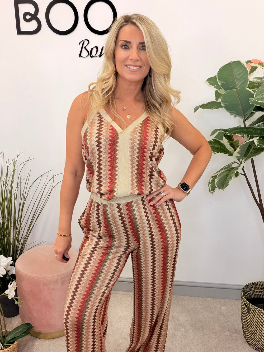 Ladies Fashion Zig Zag Print Wide Leg Trouser Co Ord Set - Khaki & Brown