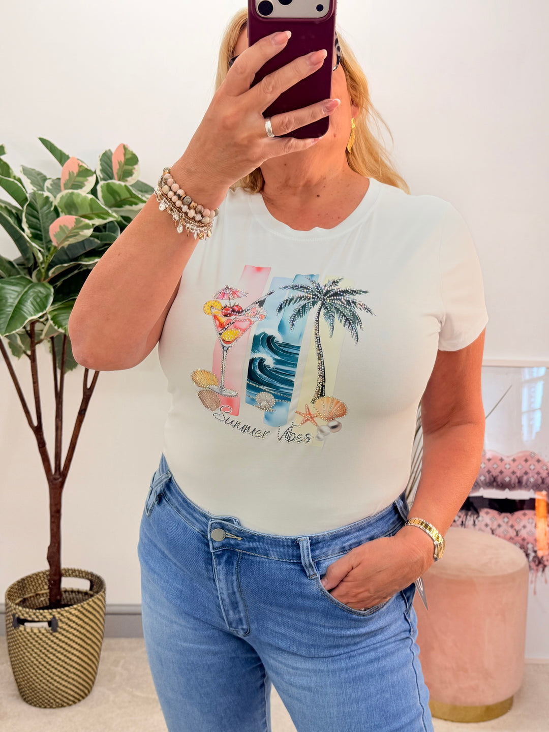 Ladies Fashion White Stretch Sparkly Palm Tree Cocktail Tee T Shirt