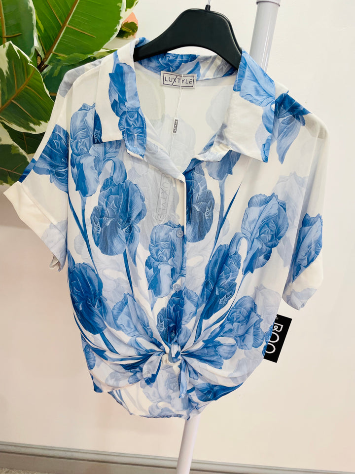 LADIES WOMENS CHIFFON SHEER BLOUSE TOP - PINK AND BLUE