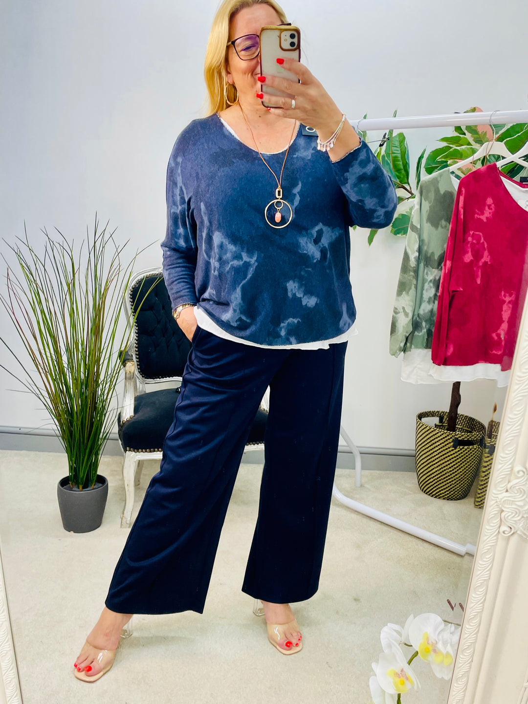 LADIES TIE DYE DOUBLE LAYER TOP - NAVY, BURGUNDY & KHAKI