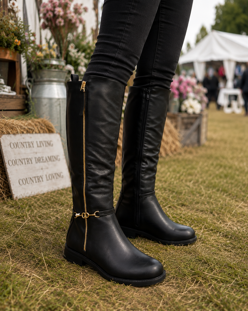 Ladies Flat Black Calf High Riding Boots