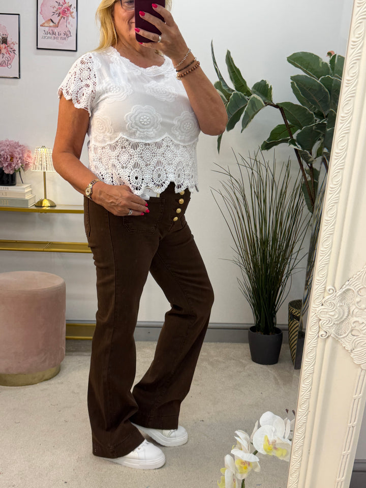 Ladies Fashion Chocolate Brown Wide Leg Button Fly Stretch Jeans