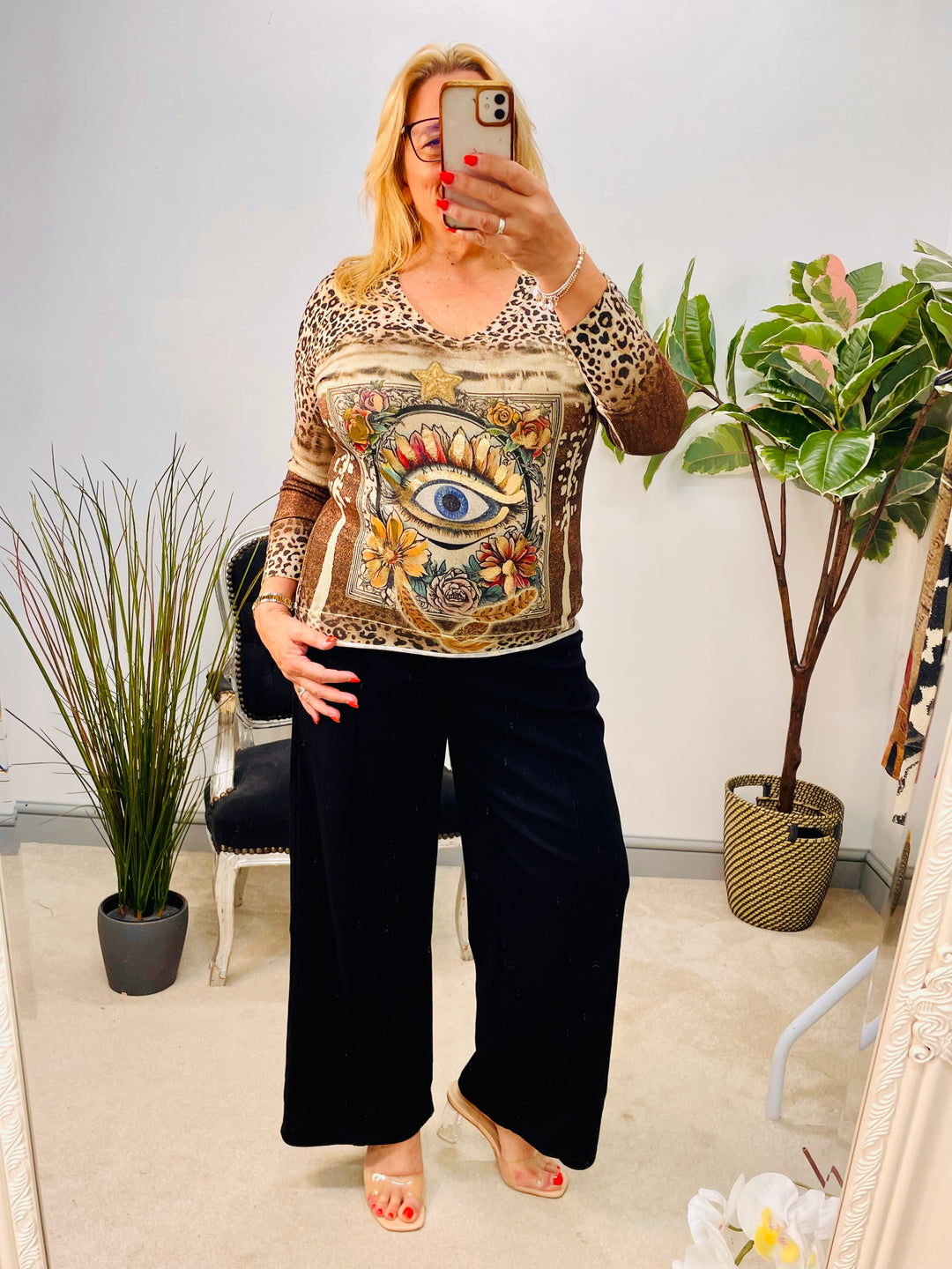 LADIES ALL SEEING EYE PRINT GOLD LUREX LONG SLEEVE TOP