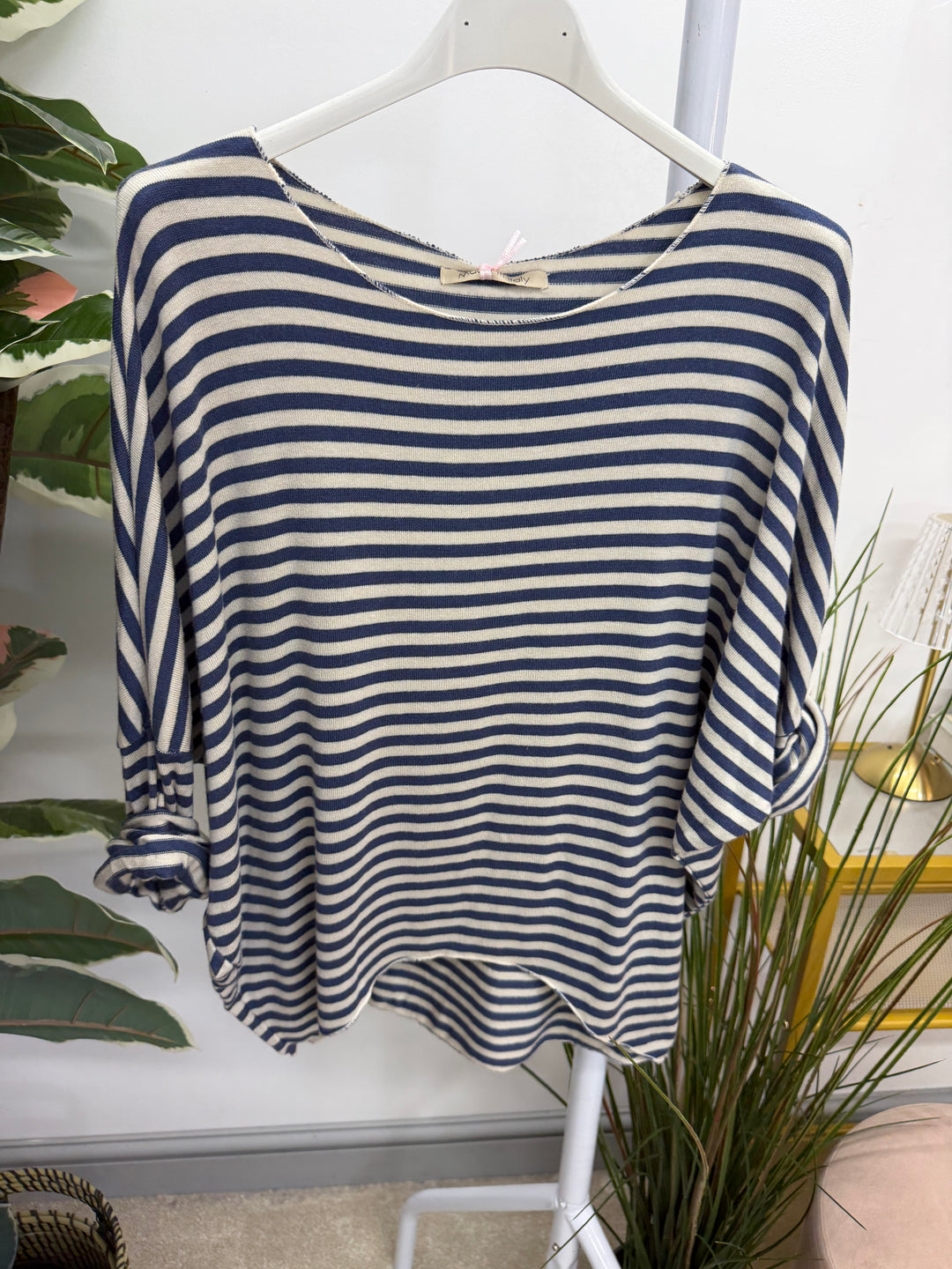 Ladies Fashion Soft Knit Stripe Top - Chocolate, Lime, Blue & Burgundy