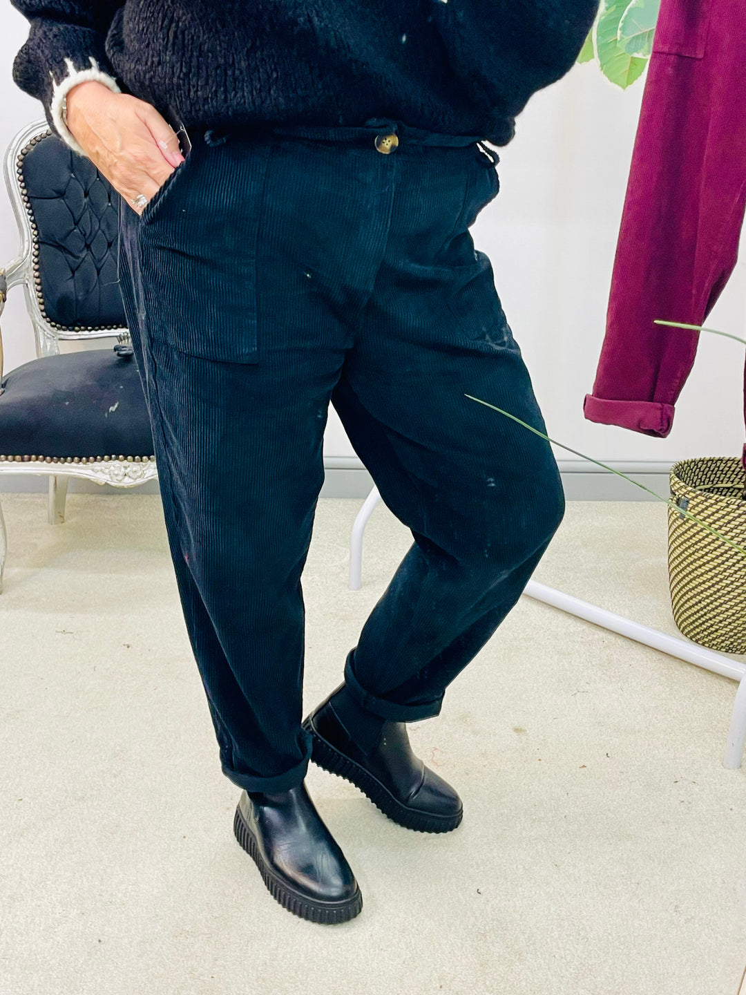 LADIES TRENDY BAGGY CORD TROUSERS - BLACK & PLUM