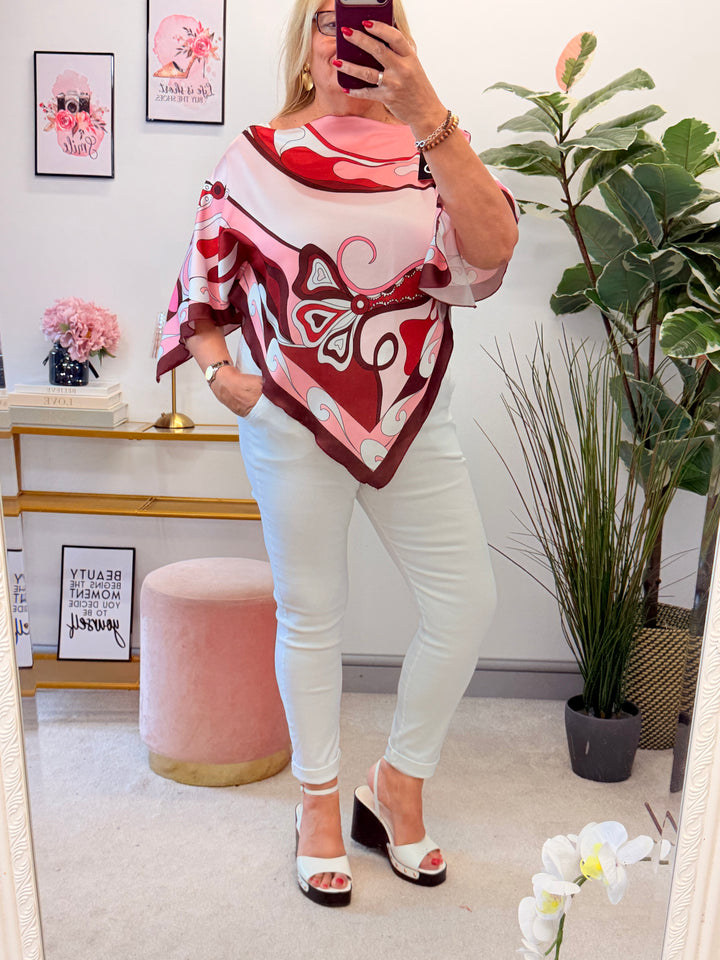 Ladies Retro Print Hankerchief Top - Khaki, Pink, Blue & Brown