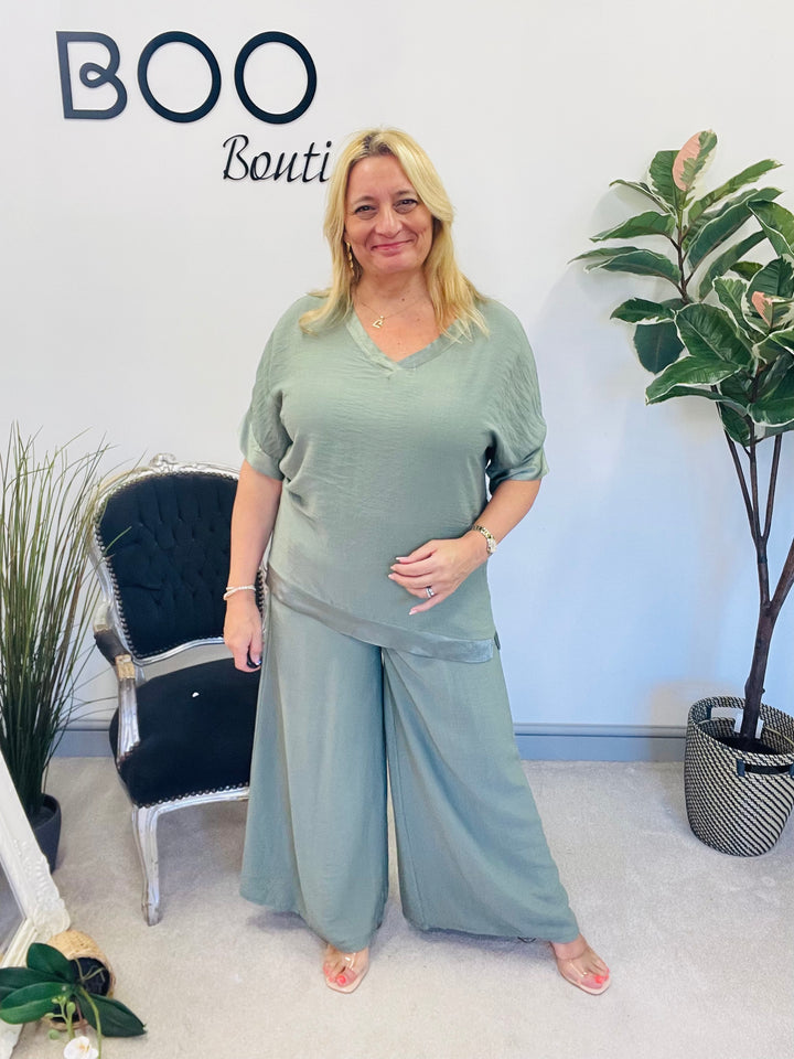 LADIES WOMENS WIDE LEG TROUSER CO ORD SET - BLUE, PINK, BLACK, KHAKI