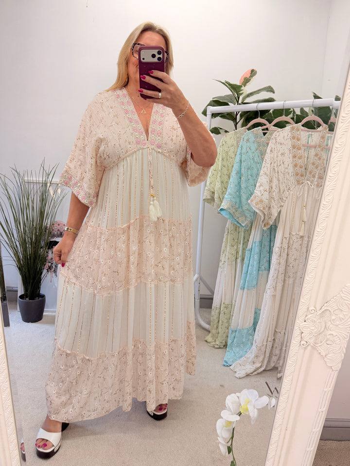 Ladies Fashion Boho Summer Maxi Dress - Pink, Cream, Mint & Blue
