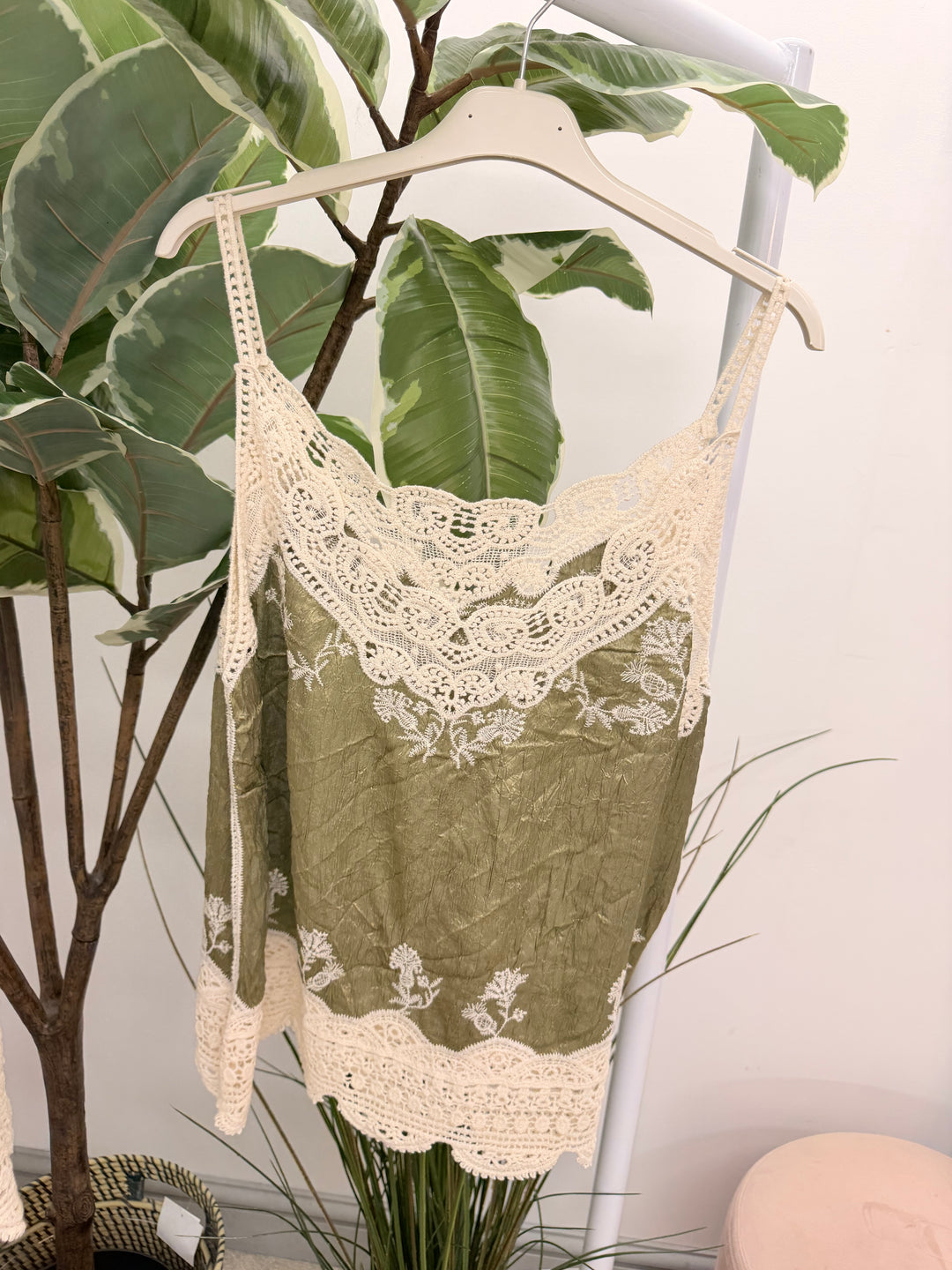 Ladies Fashion Silky Crochet Cami Top - Pink, Khaki, Blue, Cream, Beige, Green