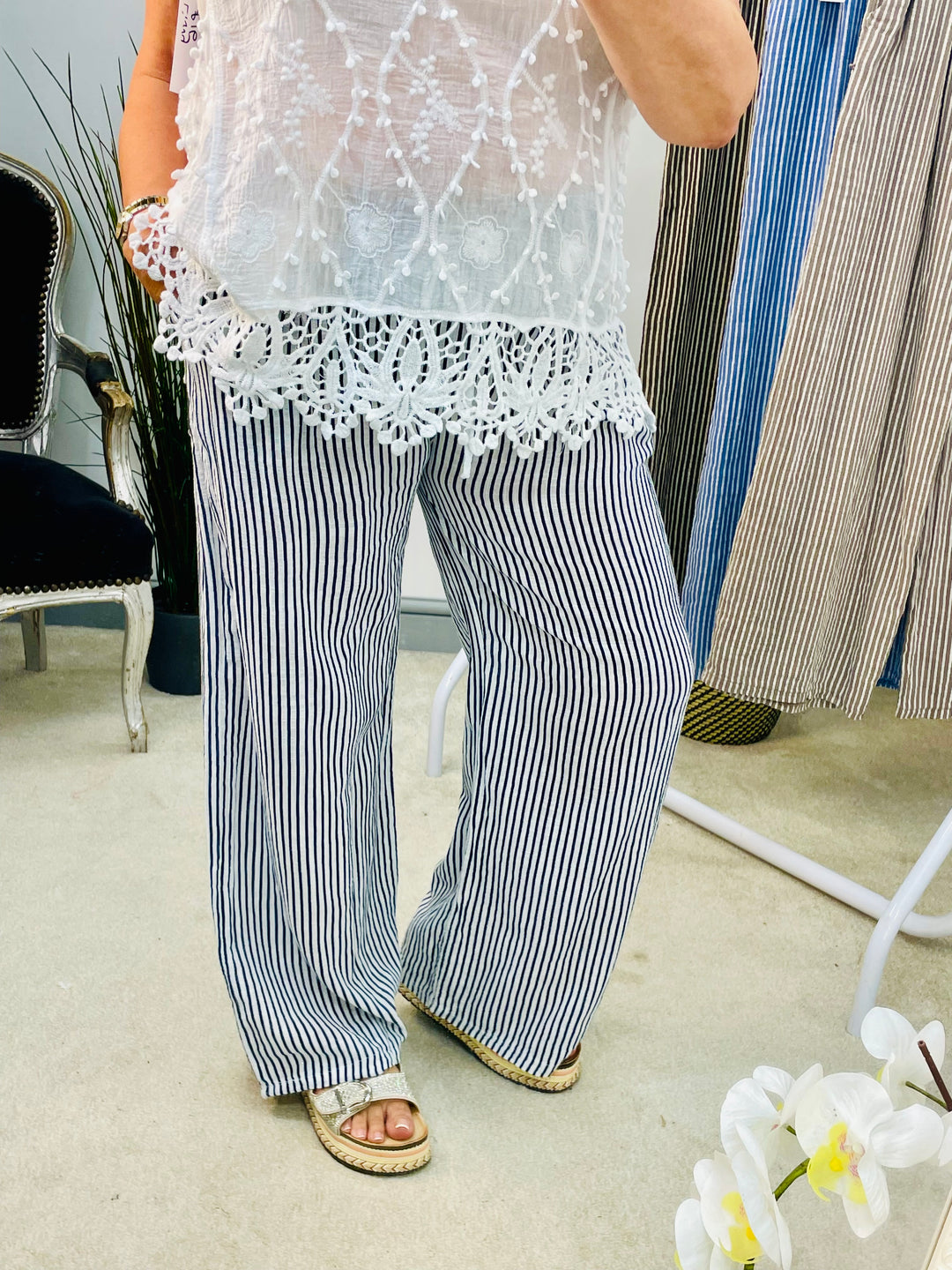 LADIES LINEN COTTON PINSTRIPE WIDE LEG CASUAL TROUSER - WHITE, DENIM BLUE, MOCHA & BROWN