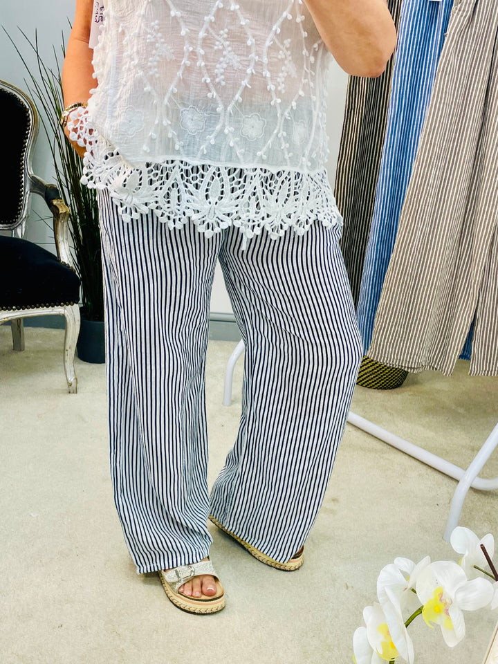 LADIES LINEN COTTON PINSTRIPE WIDE LEG CASUAL TROUSER - WHITE, DENIM BLUE, MOCHA & BROWN