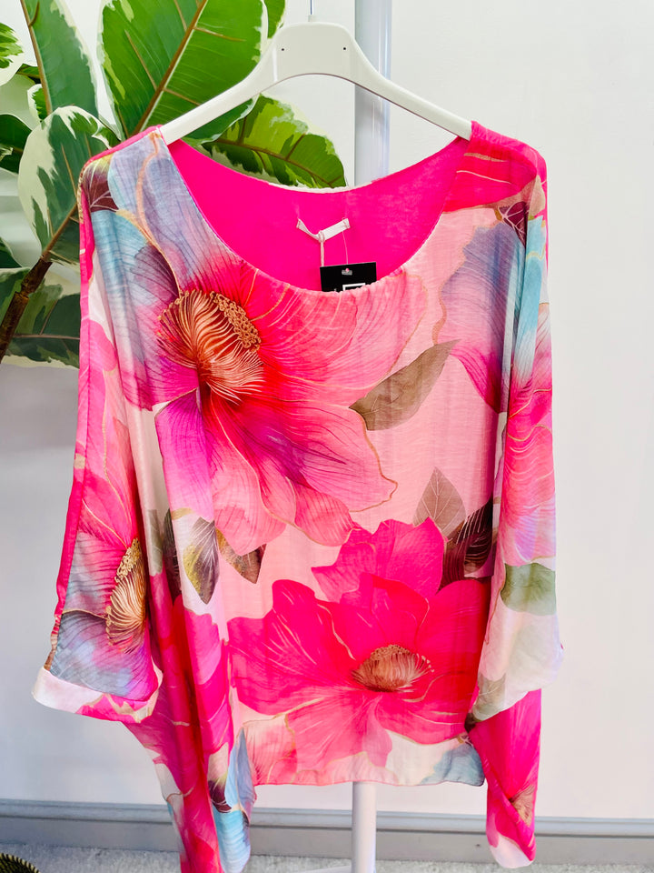 LADIES WOMENS FUSCHIA PINK FLOATY FEMININE FLORAL PRINT LOOSE FIT TOP BLOUSE