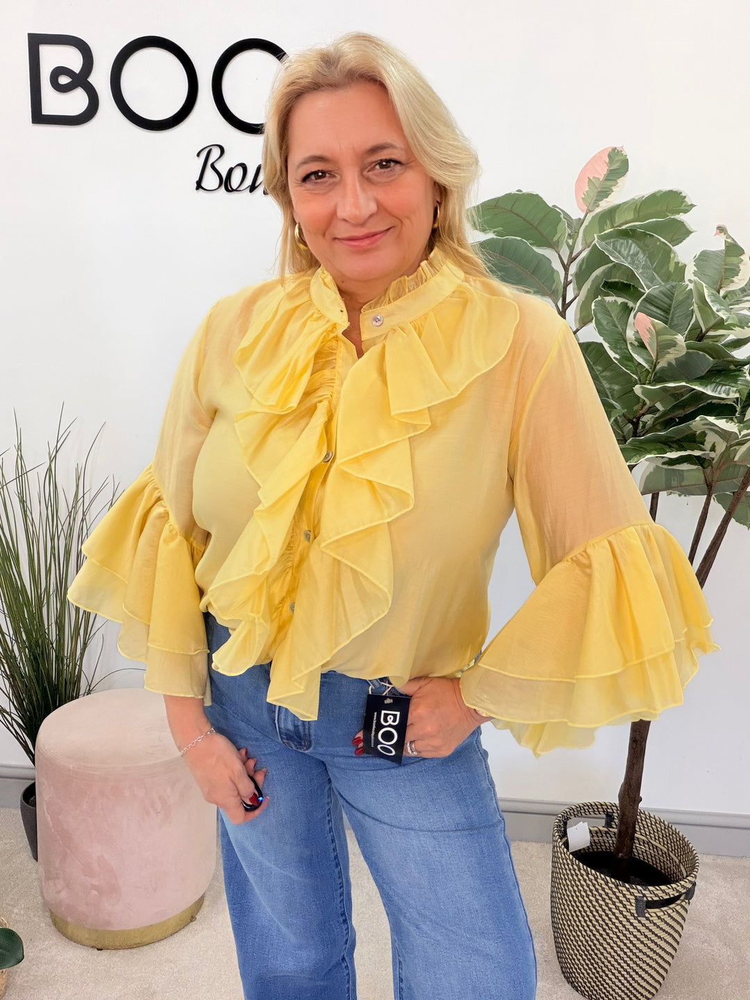 Ladies Fashion Sheer Ruffle Front Blouse Top - white, pink, blue, sage, lemon