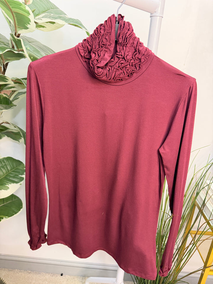 Women’s ruffle roll neck basic layering top wine burgundy