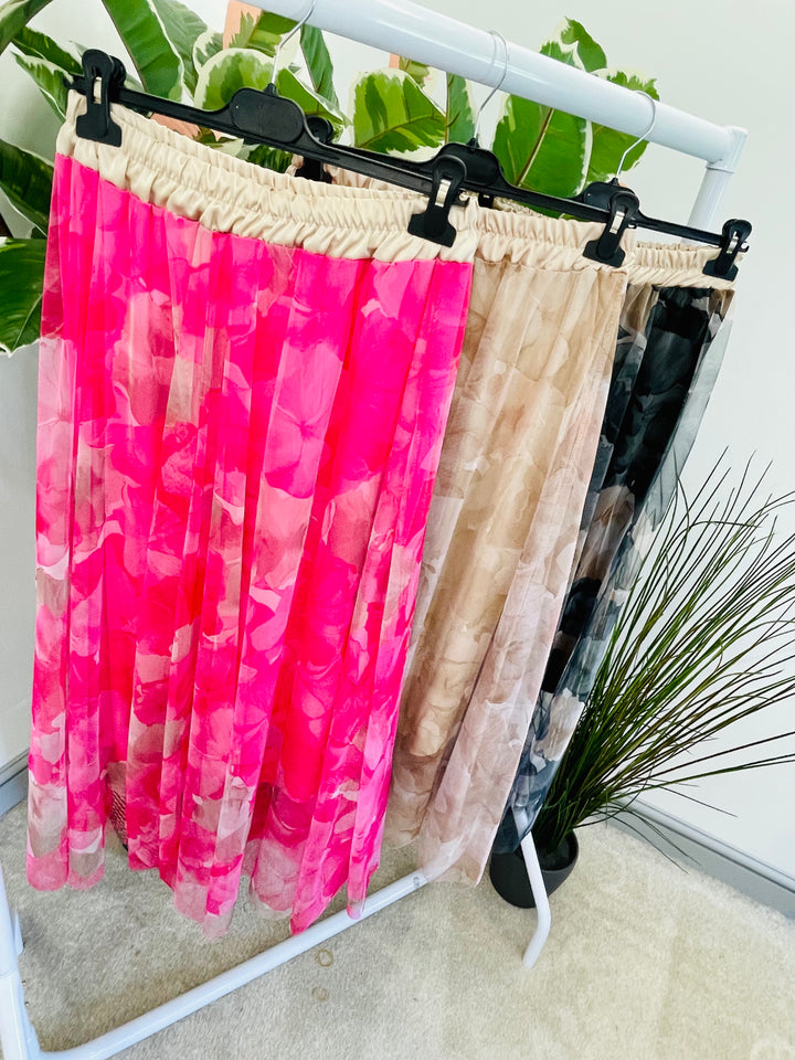 LADIES NET SUMMER MIDI SKIRT - PINK, BLACK, BEIGE