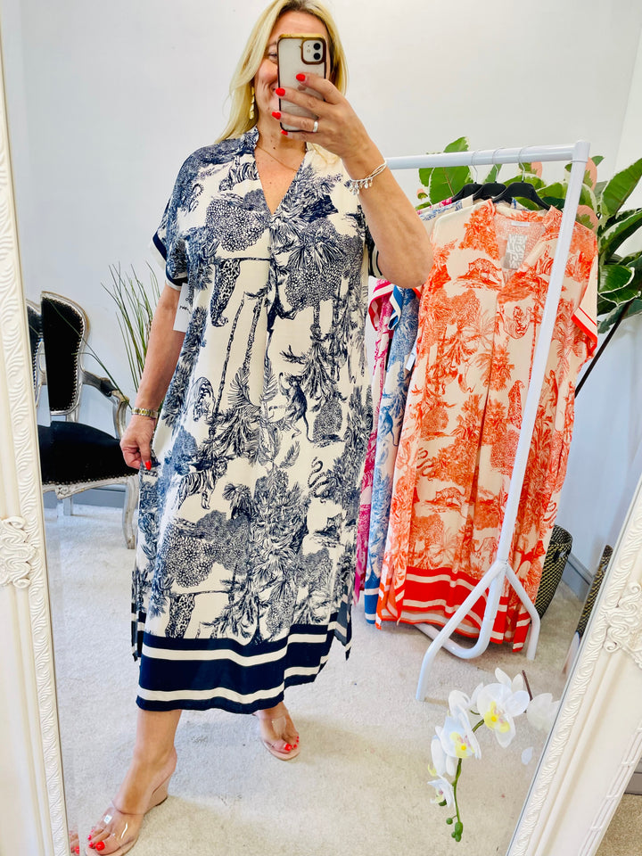 LADIES OVERSIZE JUNGLE PRINT LOOSE FIT SUMMER SHIFT DRESS - PINK, ORANGE, BLUE, NAVY
