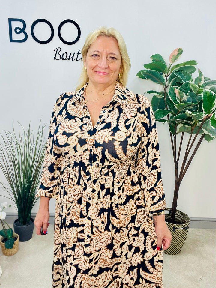 LADIES NAVY PAISLEY PRINT SHIRT AUTUMN MAXI DRESS
