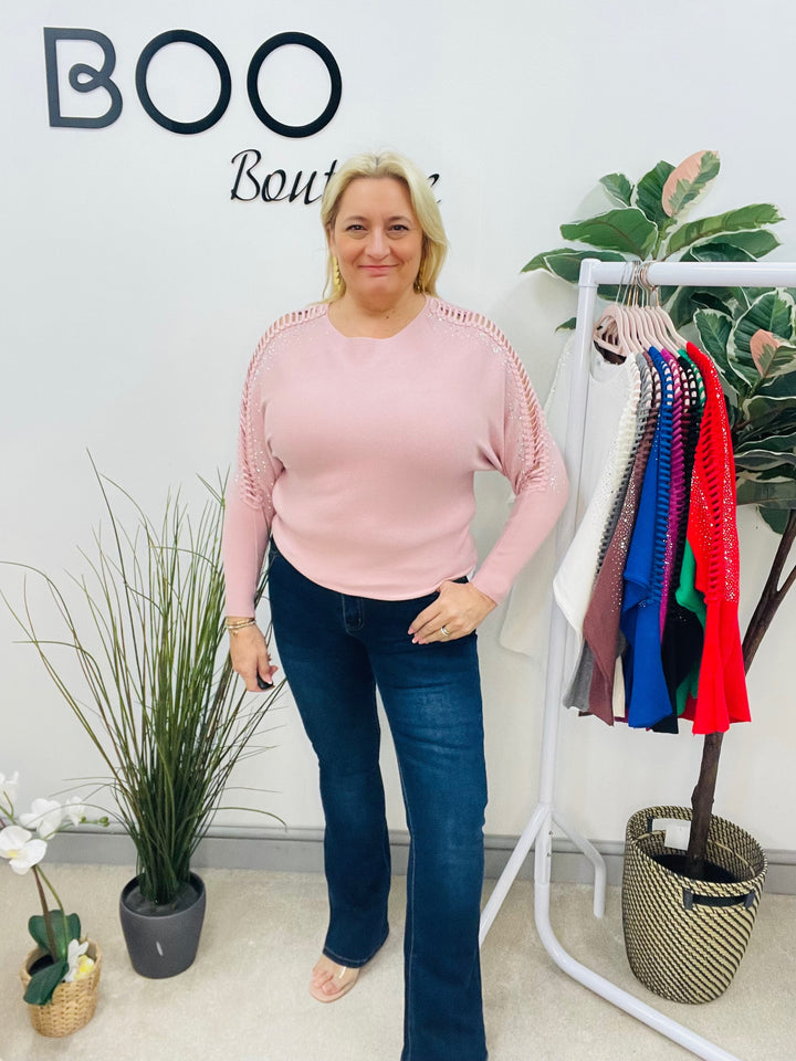 LADIES DIAMANTE BATWING JUMPER PINK