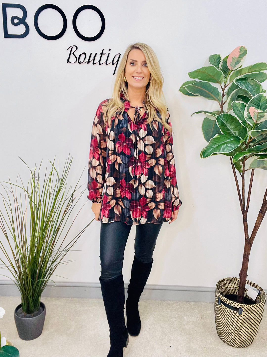 LADIES LEAF PRINT CHIFFON BLOUSE TOP - BROWN, BLACK & KHAKI