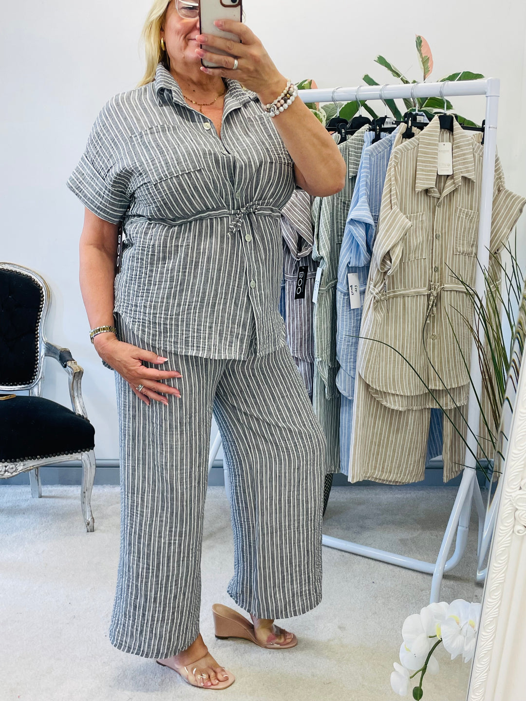 LADIES PINSTRIPE LINEN TROUSER CO ORD SET - BLUE, GREY, KHAKI & BEIGE