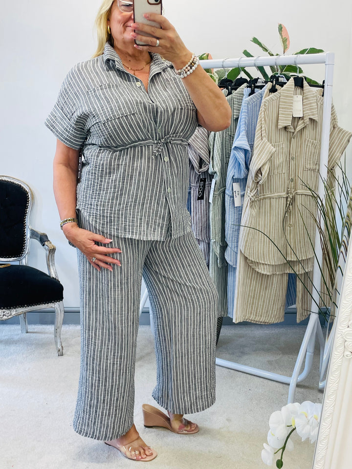 LADIES PINSTRIPE LINEN TROUSER CO ORD SET - BLUE, GREY, KHAKI & BEIGE
