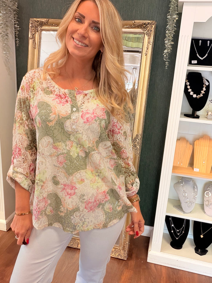 Ladies Lace Grandad Top - Khaki, Pink, Beige & White