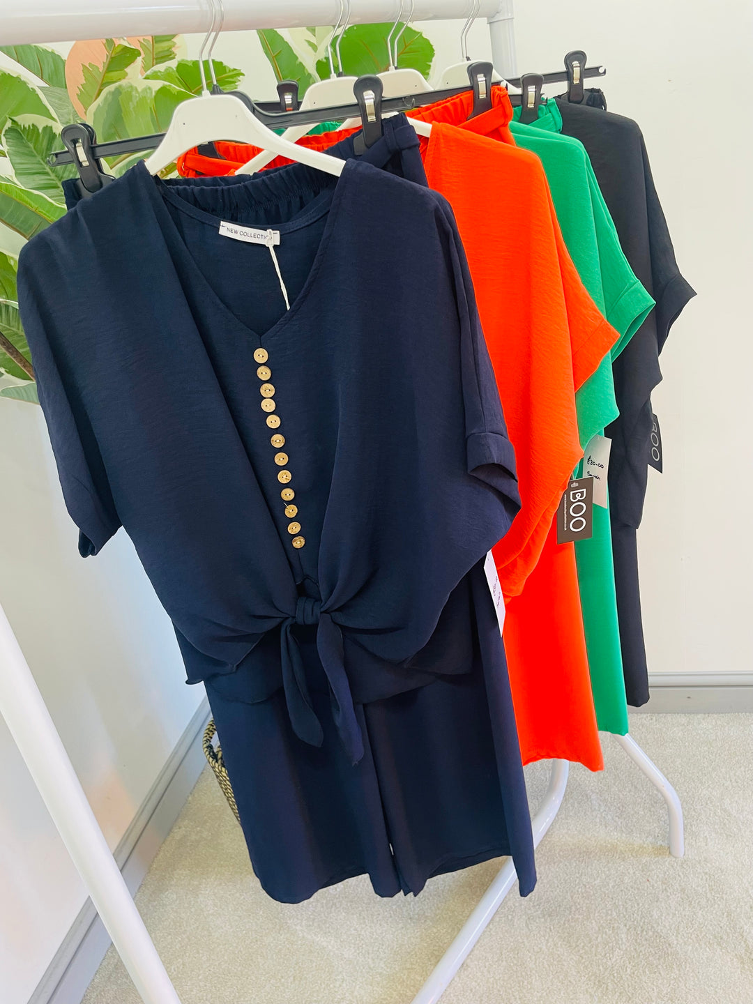 LADIES WOMENS WIDE LEG TROUSER CO ORD SET IN BLACK, ORANGE, GREEN & NAVY