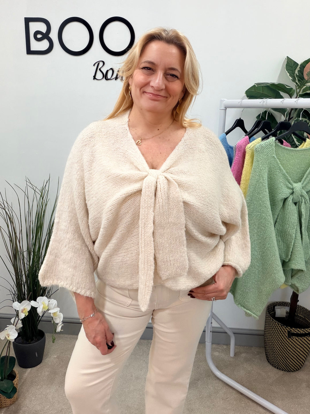 LADIES CHUNKY BOW JUMPER - PINK, MINT, LEMON, BLUE, BEIGE & GREY