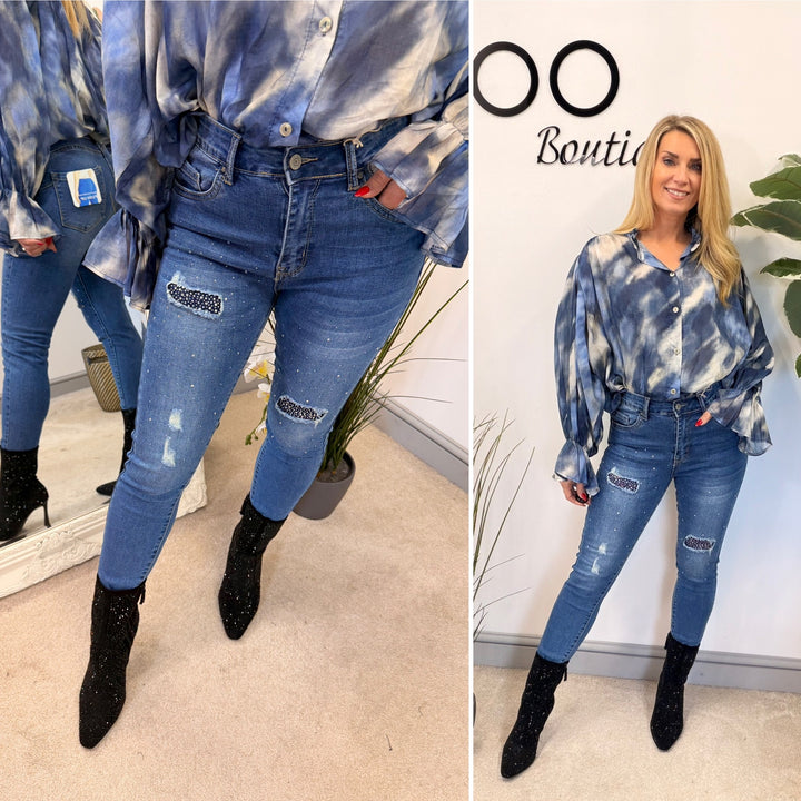 LADIES FASHION SPARKLY DIAMANTE DISTRESSED JEANS