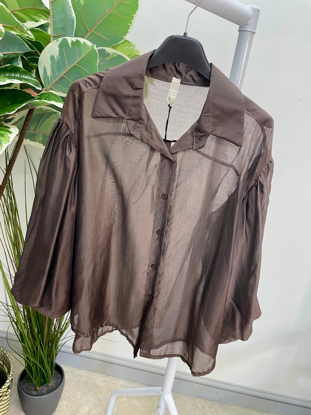 LADIES SHEER PUFF SLEEVE BLOUSE - OLIVE, BLACK, CREAM, TAUPE, WINE, BROWN