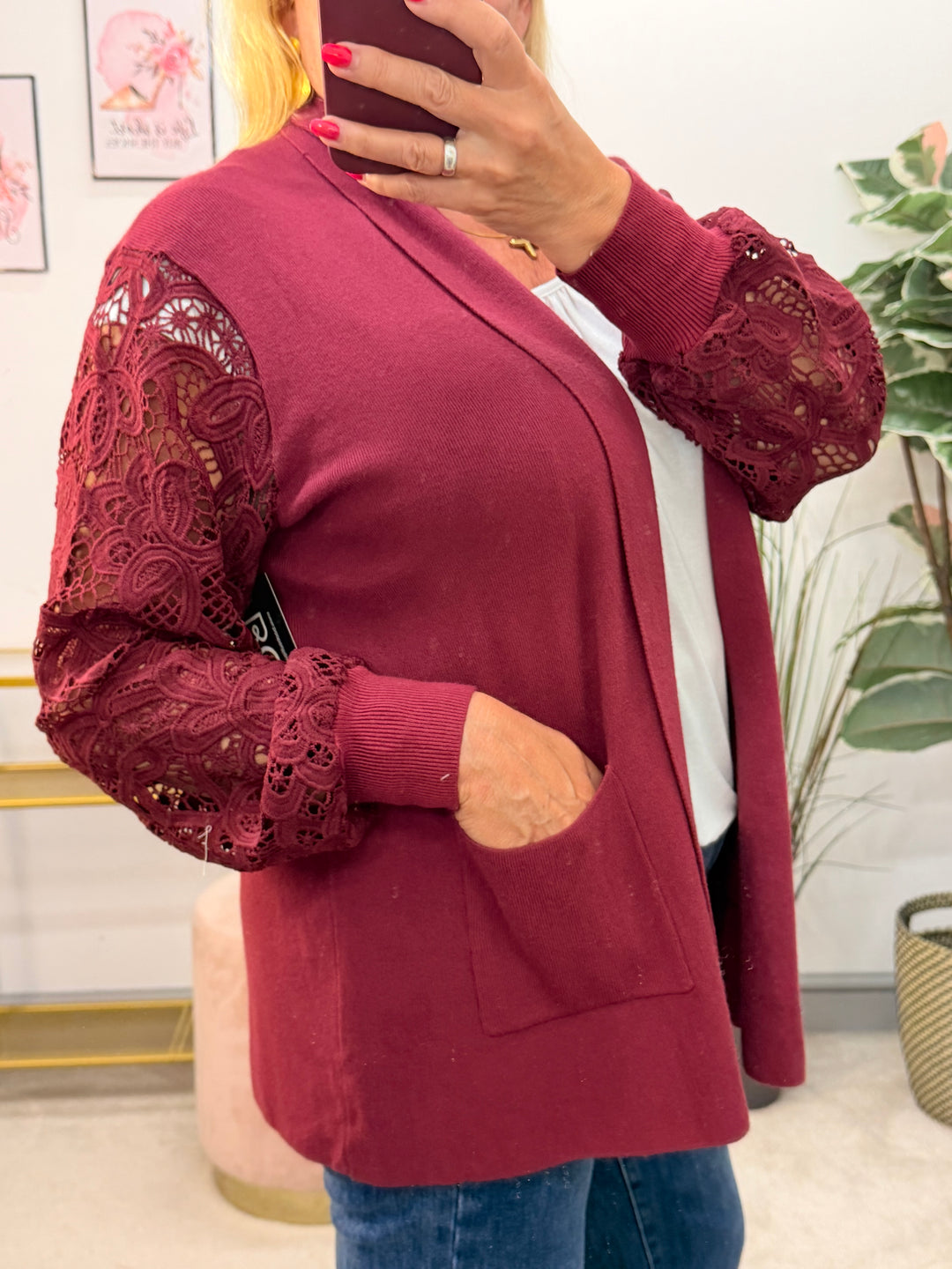 Ladies Crochet Sleeve Longline Cardigan - Black, Brown, Khaki, Wine, Beige & Grey