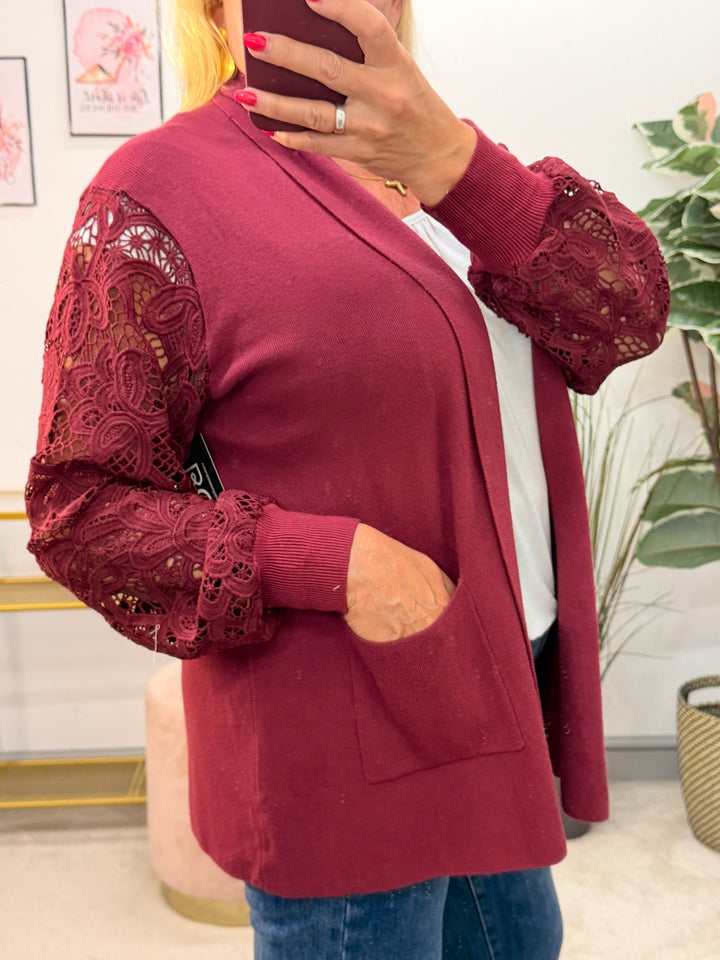 Ladies Crochet Sleeve Longline Cardigan - Black, Brown, Khaki, Wine, Beige & Grey