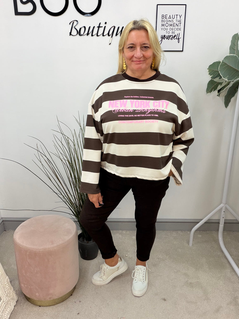Ladies Brown & Cream Stripe Sweatshirt Top