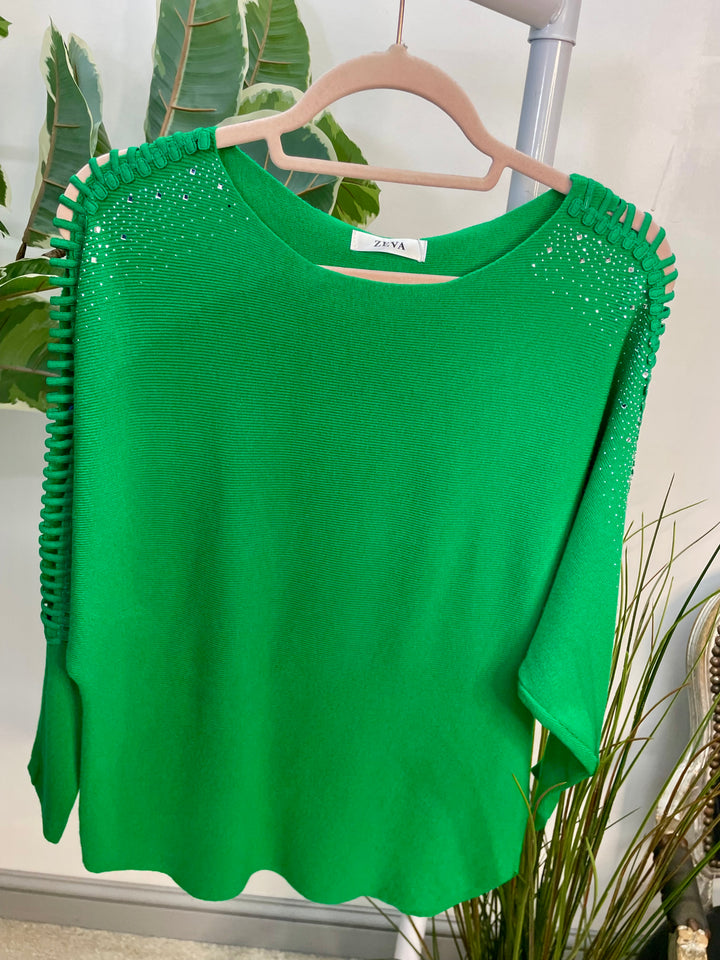 LADIES DIAMANTE BATWING JUMPER GREEN JADE
