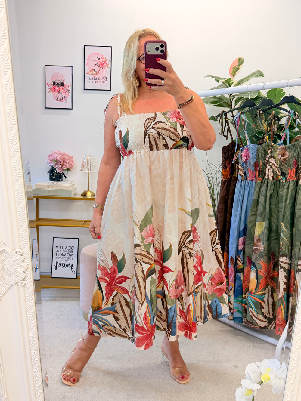 Ladies Flower Print Summer Cami Dress - Cream, Blue, Khaki & Brown