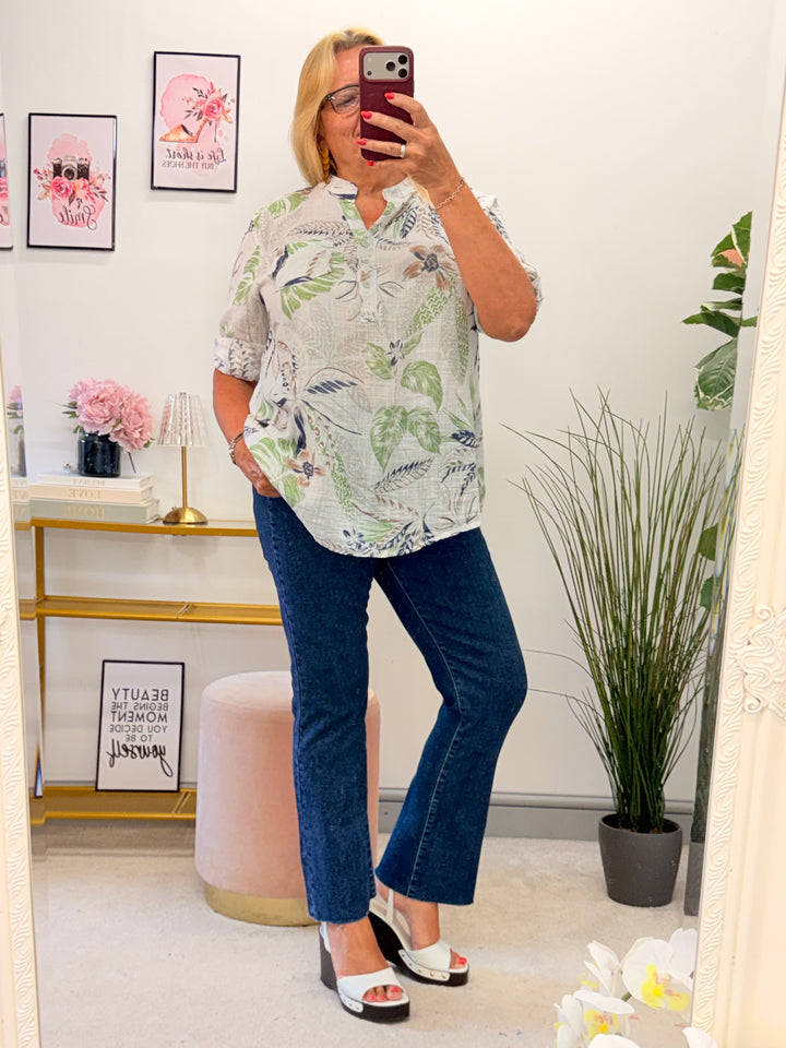 Ladies White Light Linen Leaf Print Grandad Shirt Top