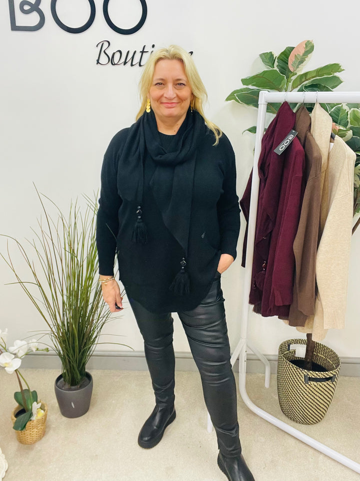 LADIES SOFT KNIT JUMPER & SCARF SET - BURGUNDY, BEIGE, BROWN & BLACK