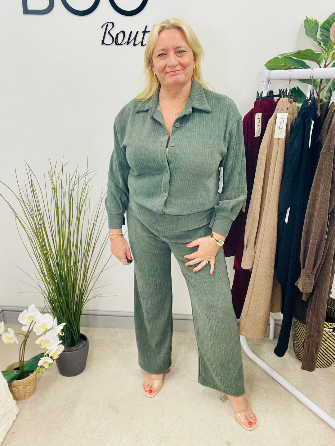 LADIES STRAIGHT LEG TROUSER & JACKET CO ORD SET KHAKI SAGE