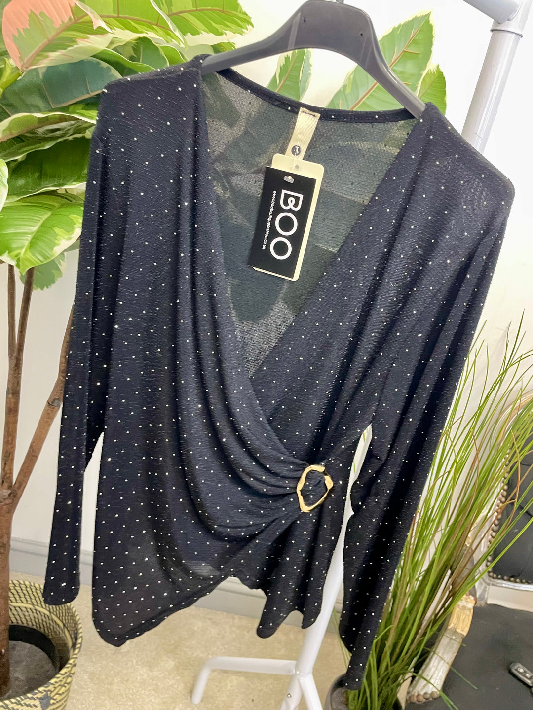 LADIES LUREX WRAP STYLE TOP - BLACK, SILVER, RED