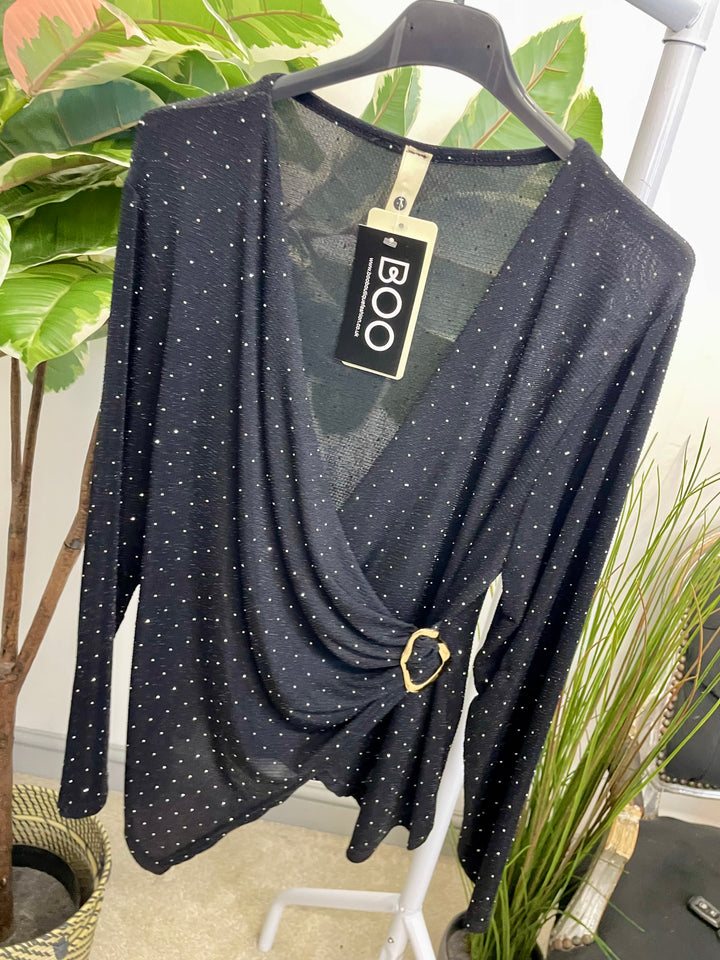 LADIES LUREX WRAP STYLE TOP - BLACK, SILVER, RED