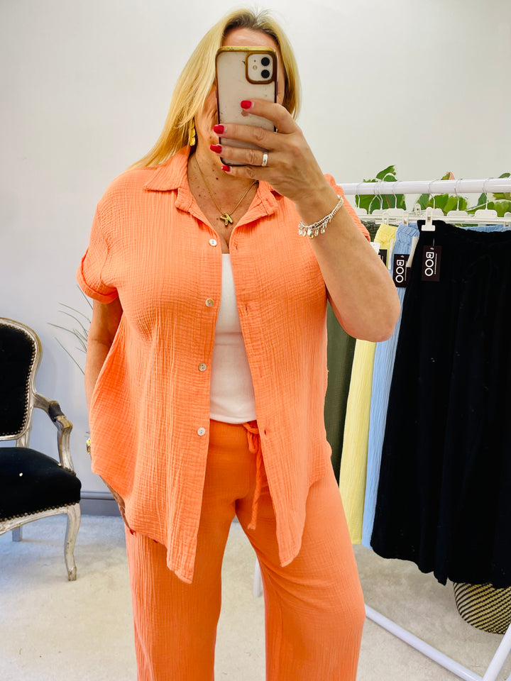 LADIES SUMMER CHEESECLOTH SHIRT BLOUSE - ORANGE, WHITE, KHAKI, PINK, BEIGE