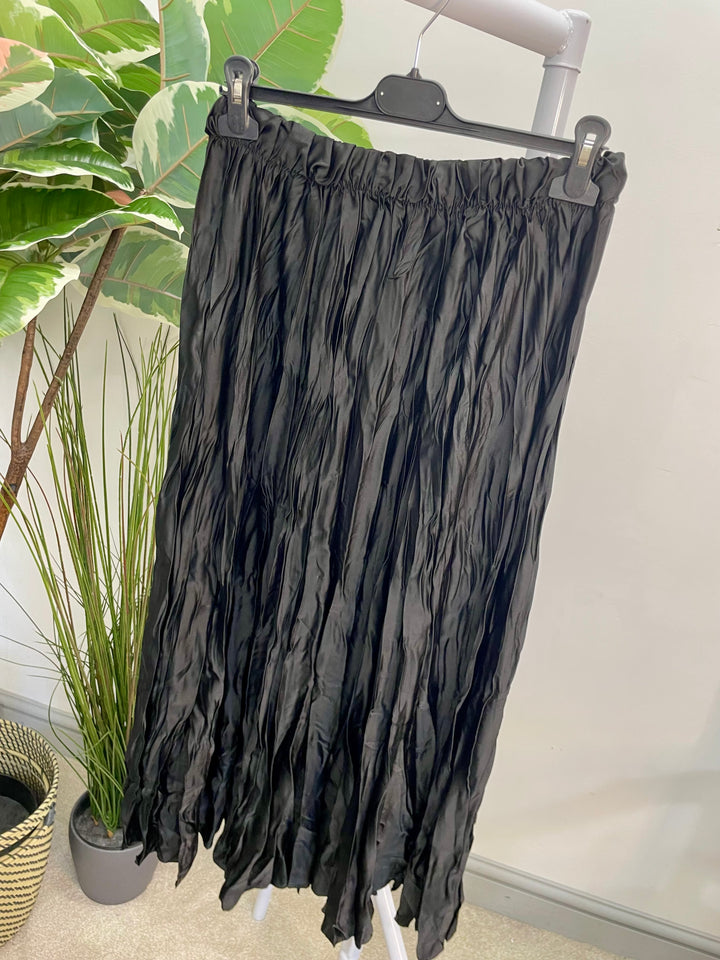 LADIES CRINKLE SATIN MAXI SKIRT - OLIVE, BROWN, NAVY, BLACK, GOLD