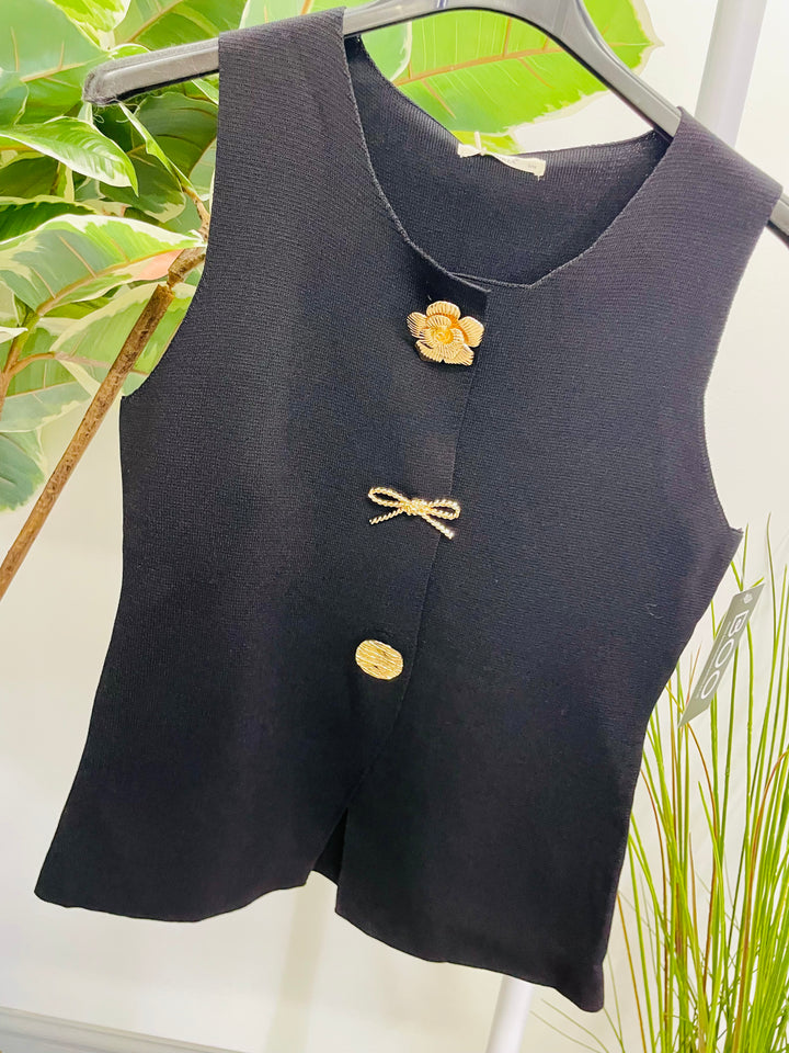 LADIES KNIT BROACH WAISTCOAT - WHITE, BROWN & BLACK